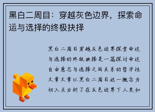 黑白二周目：穿越灰色边界，探索命运与选择的终极抉择
