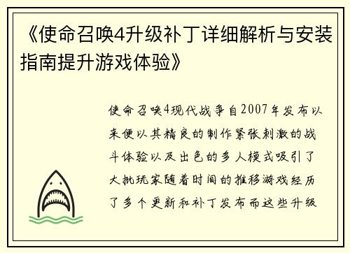 《使命召唤4升级补丁详细解析与安装指南提升游戏体验》