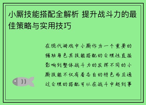 小厮技能搭配全解析 提升战斗力的最佳策略与实用技巧